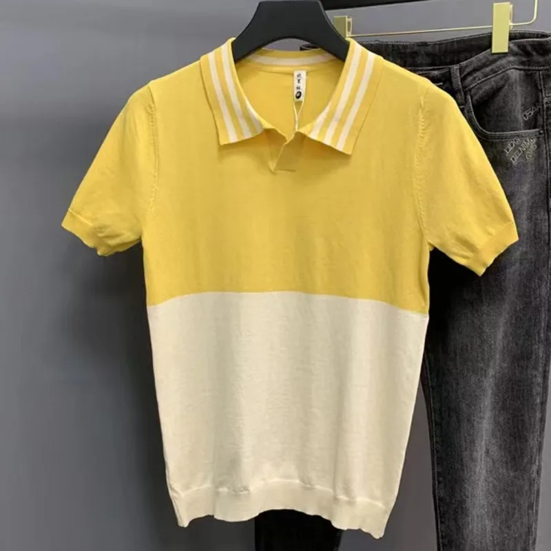 

2022 British Style Contrast Color Stitching Men Polo Shirt Slim Fit Knitted TShirt Lapel Polo Social Club Outfits Camisa Hombre