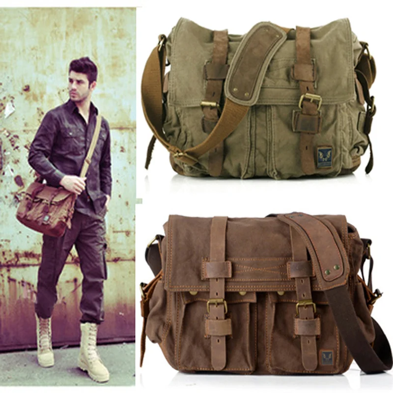 

2023 Retro Vintage Cotton Canvas Leather Mens Messenger Bag Shoulder Bag Military Canvas Crossbody Bag Men Casual Bag Free ship