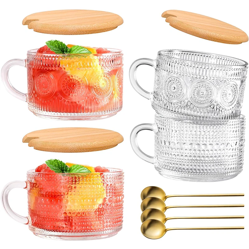 

4/2Pcs Embossed Glass Cup with Bamboo Lids and Spoons Coffee Cup Water Tea Milk Drink Mug Oatmeal Breakfast Cup Drinking Utensil