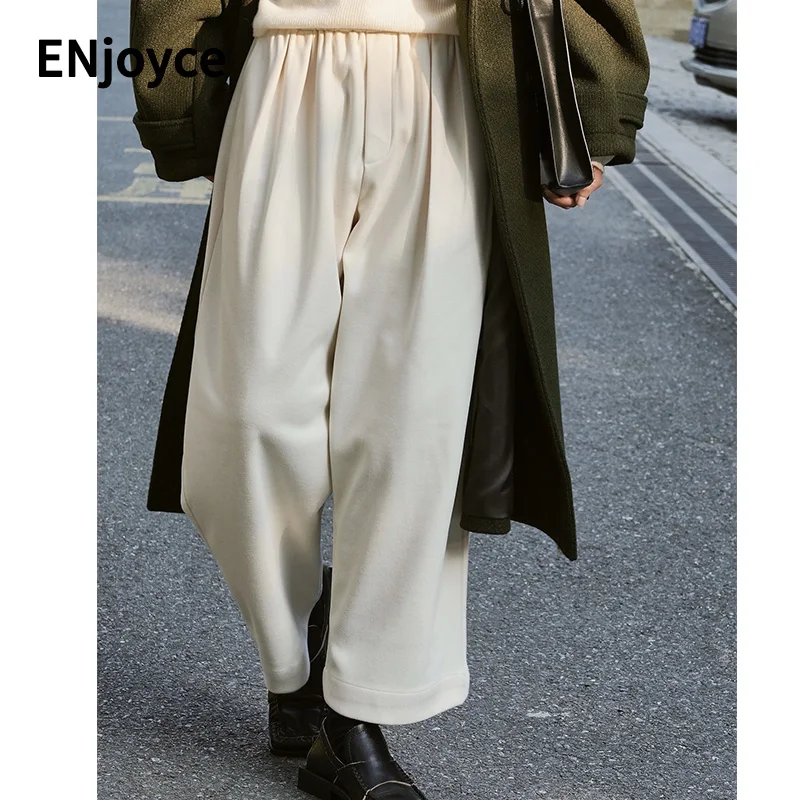 Women Winter Japanese Retro wool Thickened Wide Leg Pants Harajuku style Casual High Waist Comfy Straight Nine-point Trousers