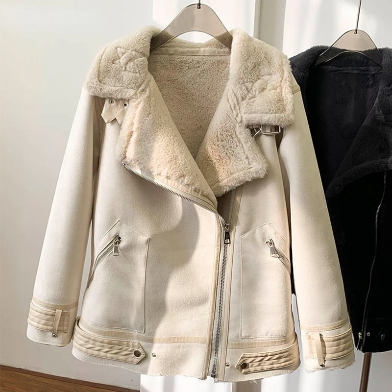 Winter New Rabbit Wool Fur Splicing Faux Leather Jacket Women Streetwear PU Leather Coat Thickening Snow Outwear