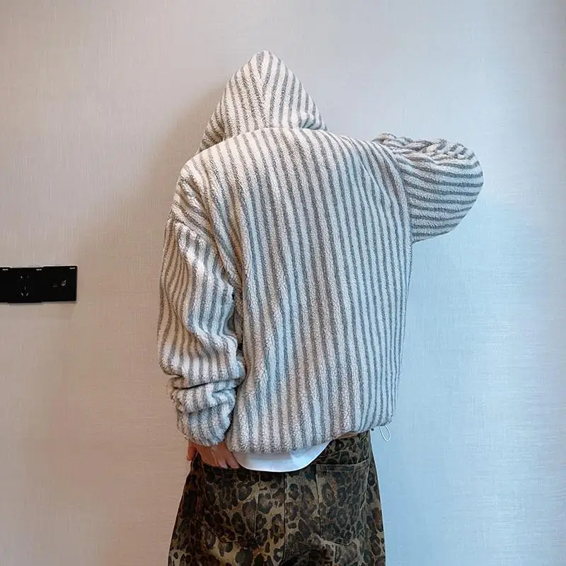 Autumn and Winter New Extra Large 50.00kg Retro Stripe Hood Cotton-Padded Coat Men's Thickened Lamb Wool Outerwear Top 2