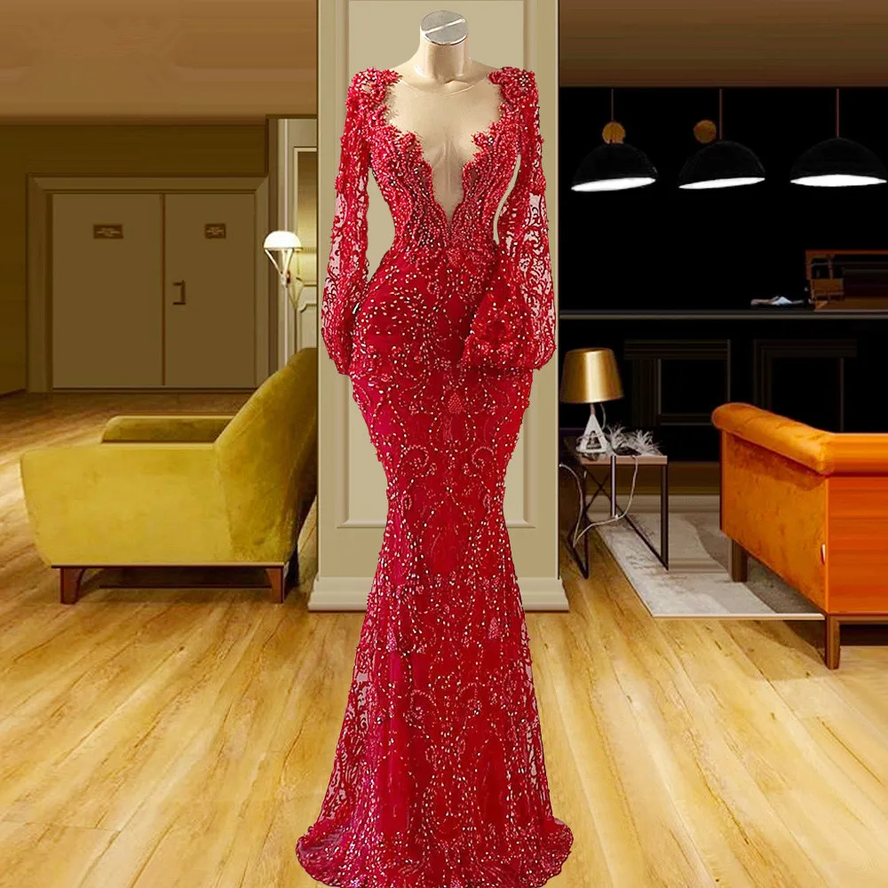 Платья для выпускного вечера Русалка с длинными рукавами из тюля бисером Красный