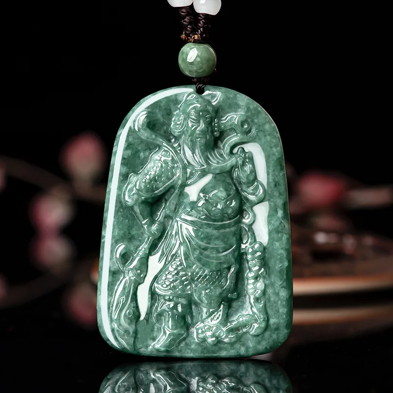 

Burmese Jade Guan Yu Pendant Jadeite Necklaces Real Emerald Natural Gemstone Necklace Amulet Jewelry Carved Chinese Green