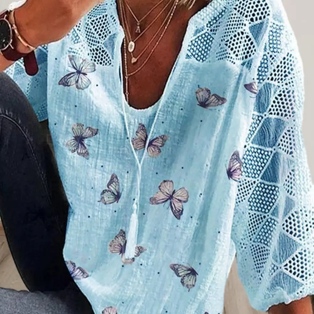 

Summer Top Rhombus Texture Lady Summer T-shirt Butterfly Printing Soft Vintage Summer Top Women Garment