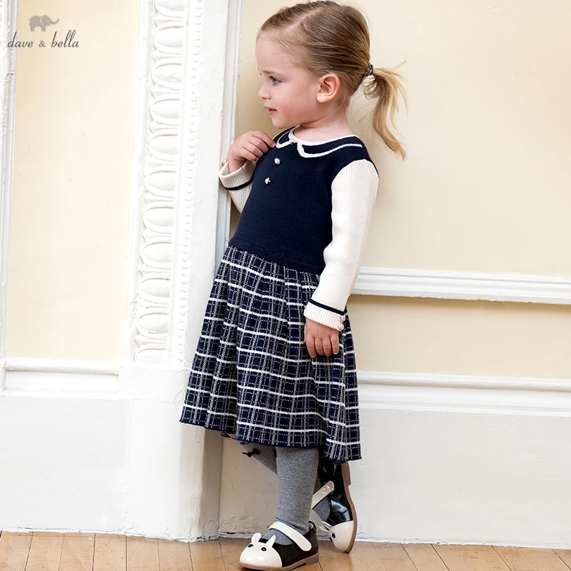 

Dave Bella Preppy Style Children'S Clothing Autumn Girls Long-Sleeved Dress Fashion Student Navy Dress DB3222669