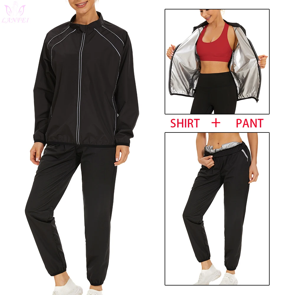 

LANFEI Ladies Sauna Set Slimming Long Sleeve Sweat Top Leggings Rapid Sweating Jacket Trousers Body Shaper Thin Thermo Sportwear