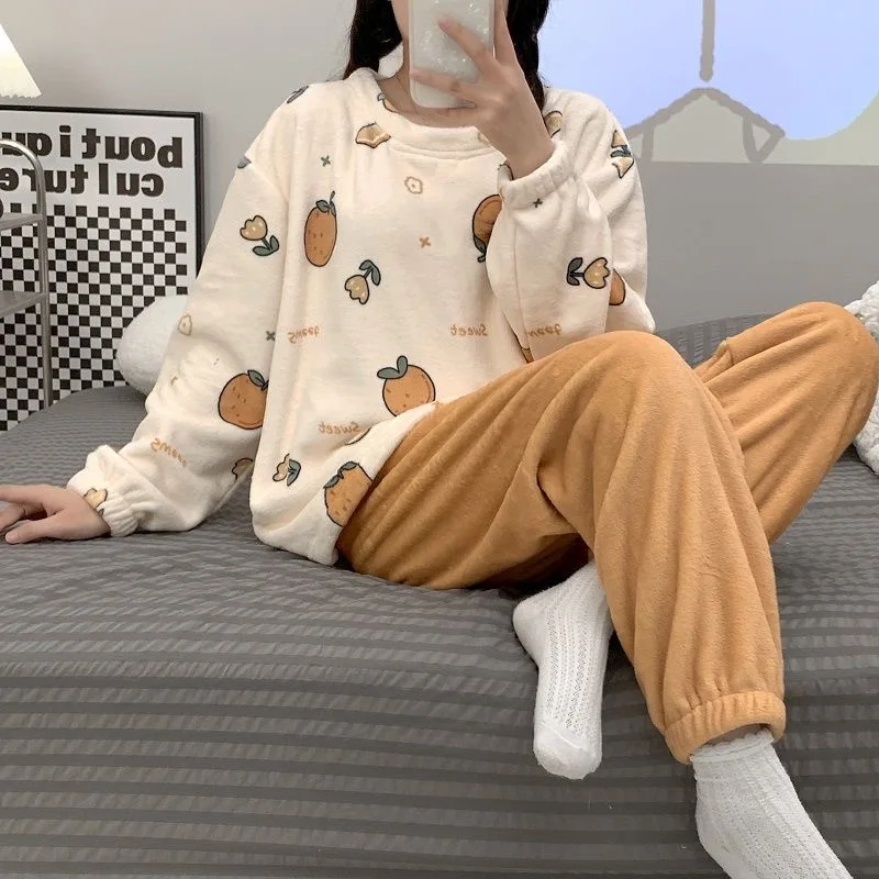

Flannel Women Cartoon Pajamas Sets New Autumn Winter Warm Thick Coral Velvet Long Sleeve Sleepwear Home Pijamas Set Girl