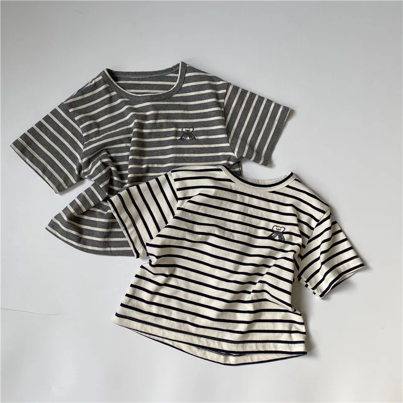 

2023 Summer Children's Little Cloud Embroidery Short Sleeve T-shirt Classic Striped Short Sleeve Top for Boys and Girls