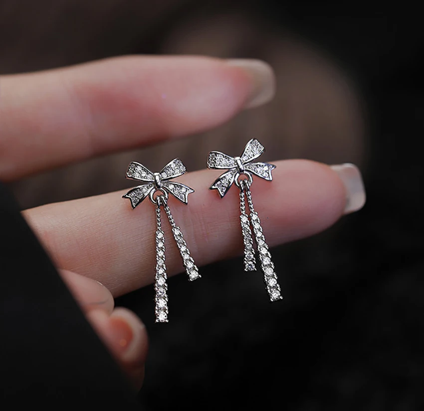 

925 Silver Fashion Bow Earrings for Women Delicate Rhinestone Tassel Earrings Wedding Party Jewelry Gifts