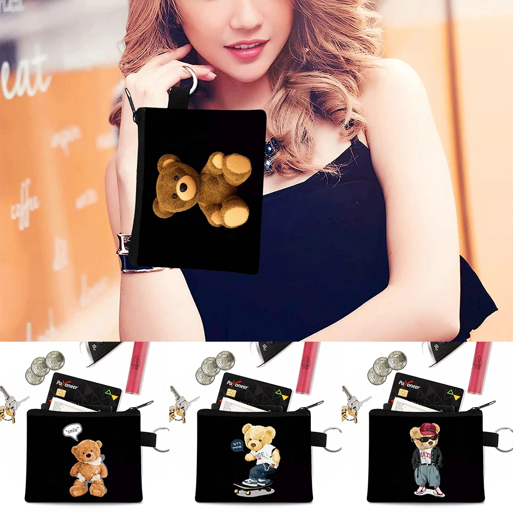

Unisex Canvas Coin Purse Cute Bear Print Pouch Money Card Holder Wallet Case Zipper Key Storage Pouch for Kid Girl Gift Handbag