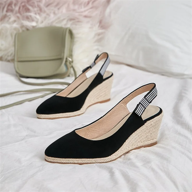 

Туфли женские из натуральной замши, на танкетке, заостренный носок, туфли-лодочки, с ремешком на пятке, бант, конопляные, в британском стиле, ...