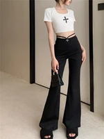 high waist casual pants womens 2022 summer thin black solid women versatile slim wide leg micro horn pants