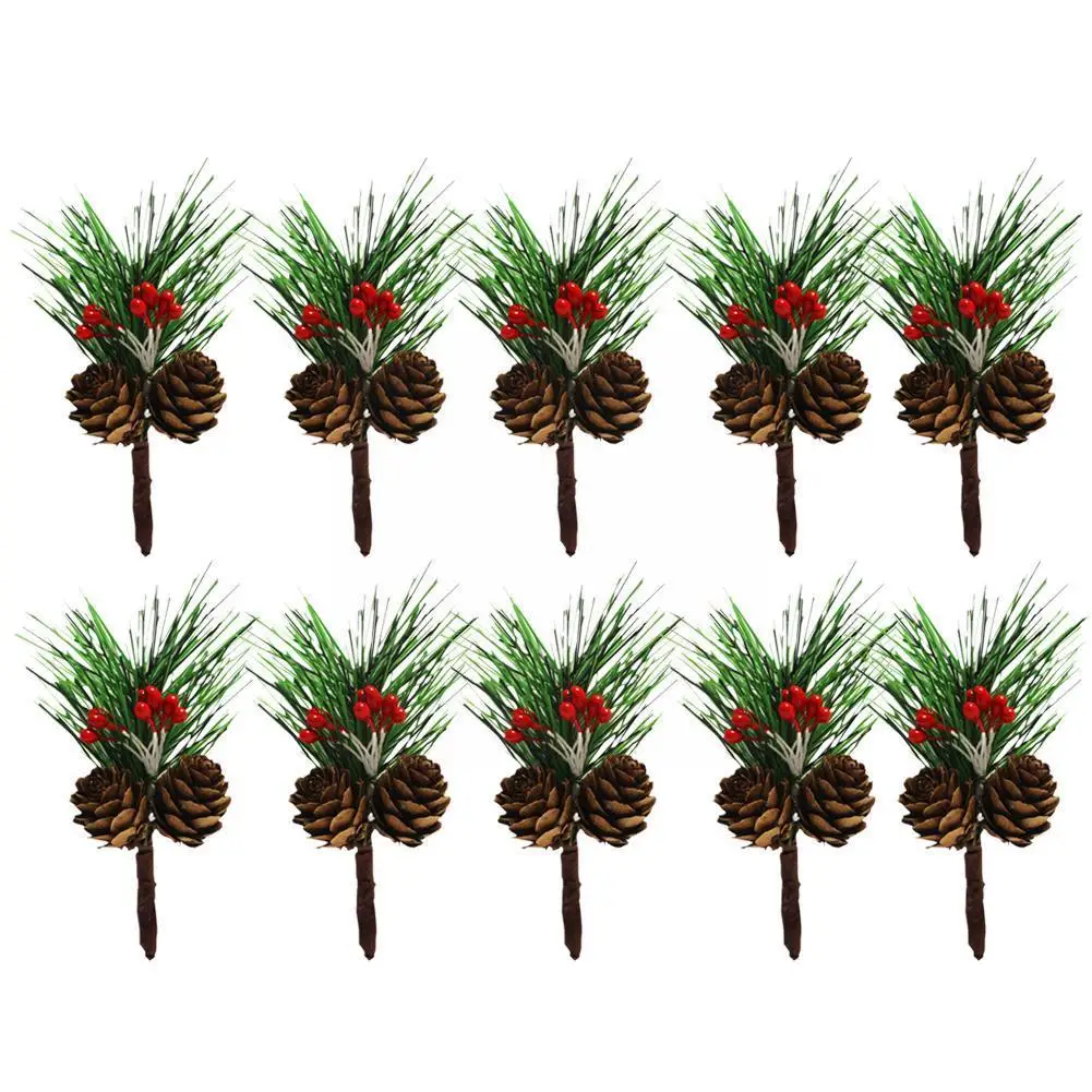 

10pcs Artificial Christmas Pine Picks Stems Mini Simulation Needle Berry Plant For Xmas Party Home Decor Hanging Pendant S9p6