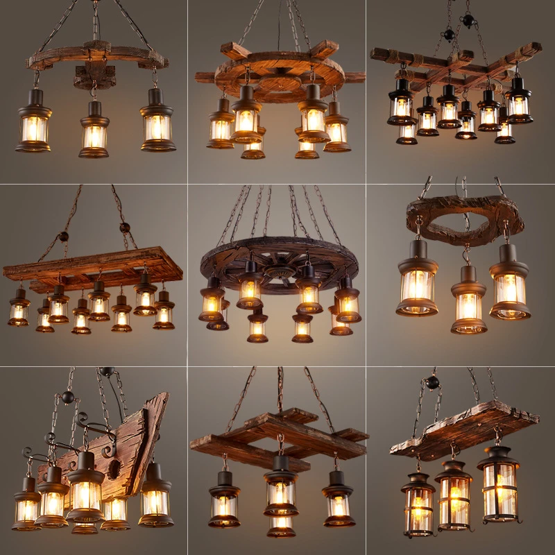 

American Retro Industrial Loft Chandelier Restaurant Homestay Bar Personality Barbecue Shop Wood Lamps Decor Interior Lighting