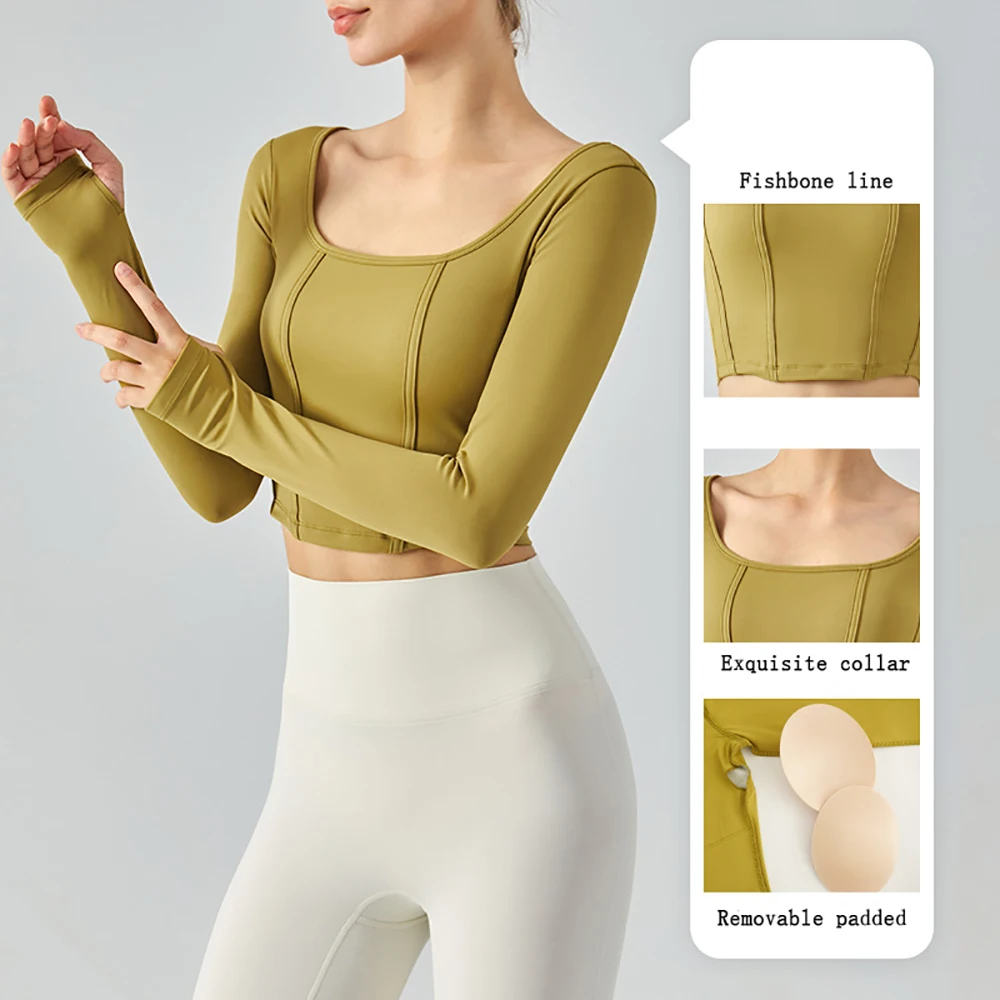 

Топы для йоги с длинным рукавом, женская спортивная одежда с квадратным вырезом для бега, тонкие рубашки, женская одежда для фитнеса, трико д...