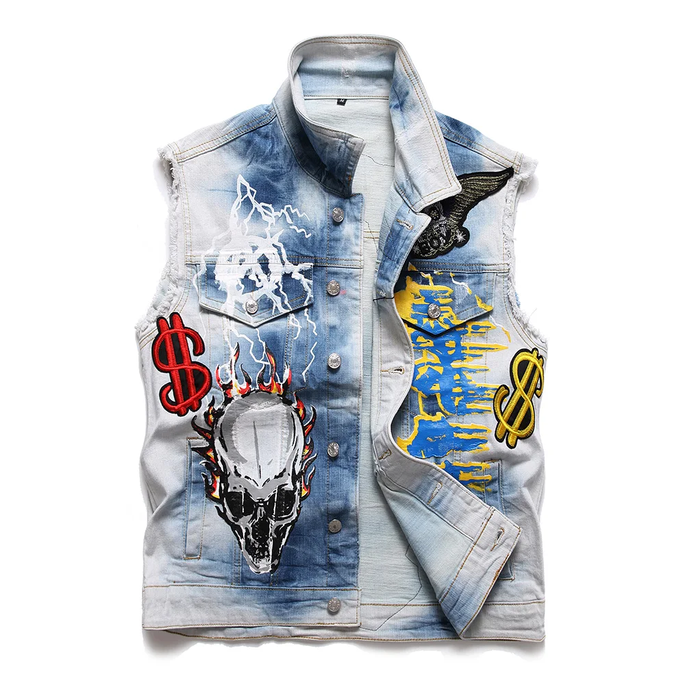 

Men Skull Embroidery Denim Vest Flame Dollar Badge Patch Printed Waistcoat Punk Steetwear Tie and Dye Fringe Tank Top