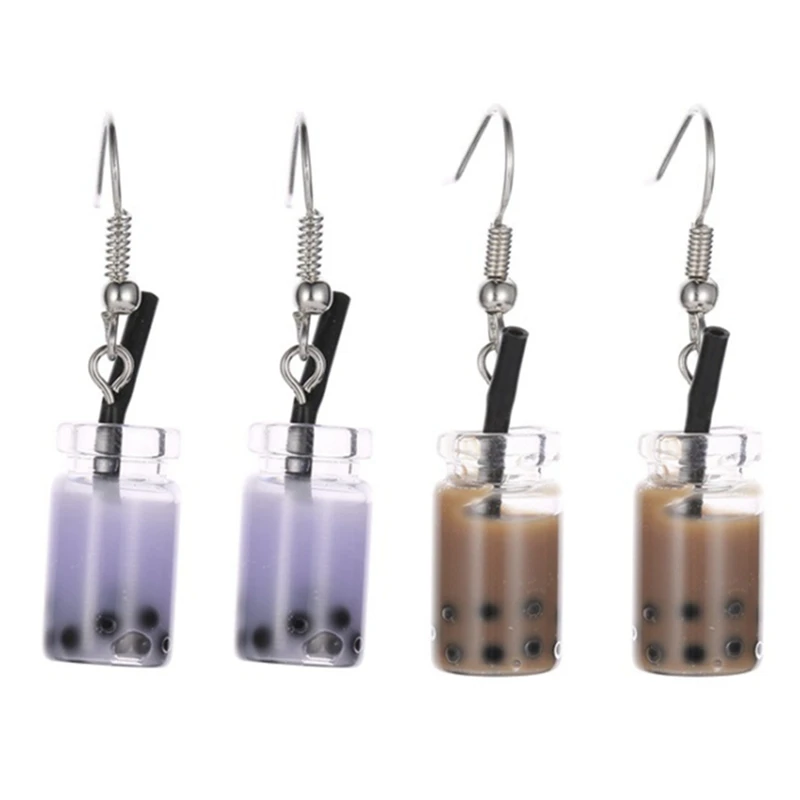 

2pair Pearl Milk Tea Earrings Taiwan Boba Bubble Tea Funny Dangle Earrings for Women ,Dark Coffee & Purple
