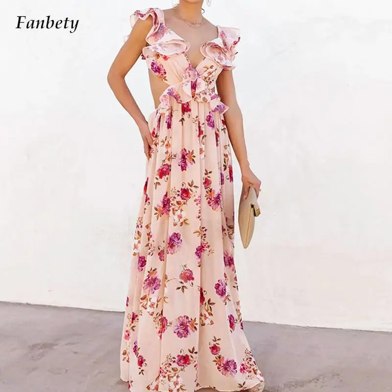 

Женское длинное платье с V-образным вырезом и цветочным принтом