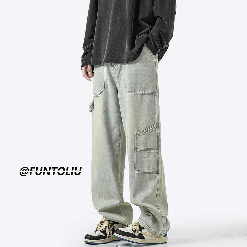 4 Colors Baggy Cargo Jeans Men Fashion Casual Pocket Jeans Men Streetwear Hip Hop Loose Straight Denim Pants Mens Trousers M-2XL