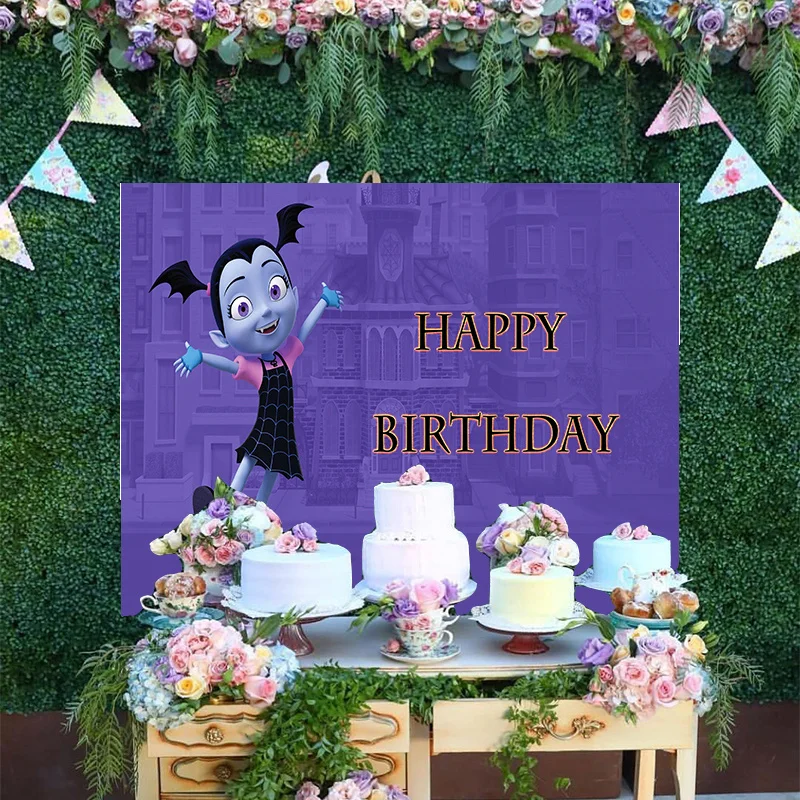 

Disney Cartoon Junior Vampirina Purple Castle Background Lovely Pointed Teeth Girl Halloween Party Decoration Backdrops Banner