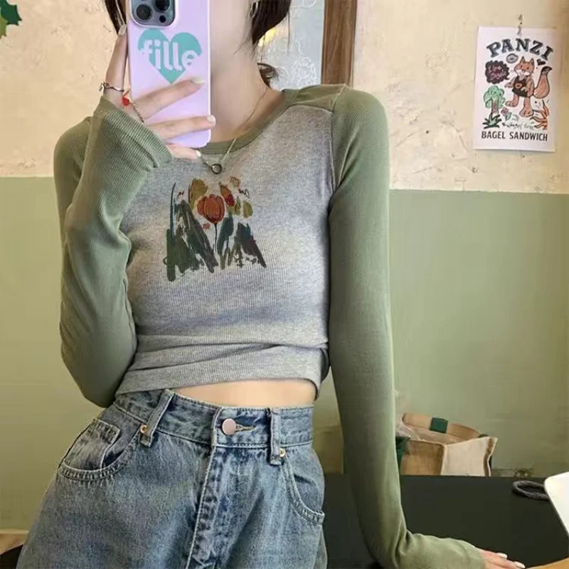 

Deeptown Y2k American Retro Women's Long Sleeve Top Contrast Color Tees Floral Print Slim T-shirts Vintage Harajuku Clothing
