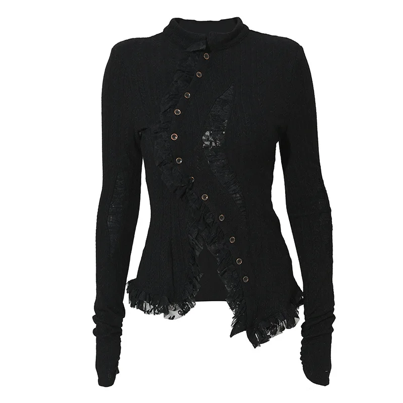 Women's Knitted Cardigan Spring and Autumn New Dark Lace Hollow-out Irregular Temperament Slim Long-sleeved Round Neck Trend