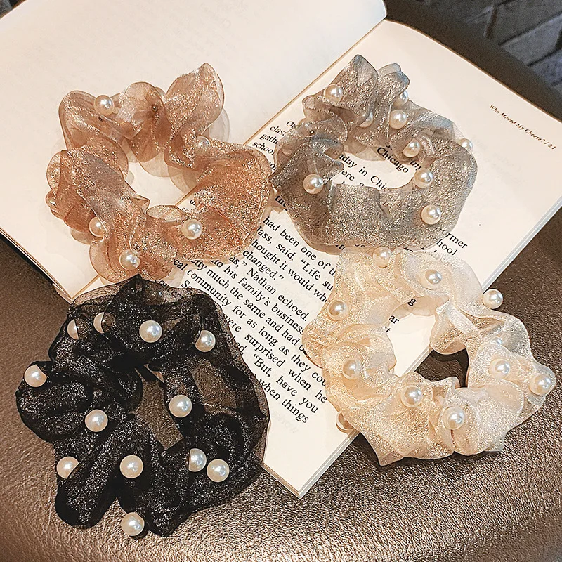 

New Web Celebrity Light Luxury Temperament Organza E. Hair Bands Korean Fairy Balls Horsetail Pearl Hair Accessories AFS161