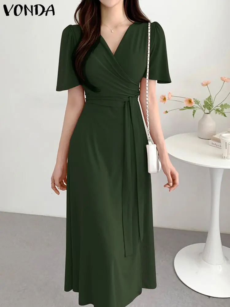 

VONDA Women Short Sleeve Dress 2023 Sexy V-neck Sundress Fashion Elegant High Waist A Hem Vestidos Fashion Office Robe Femme
