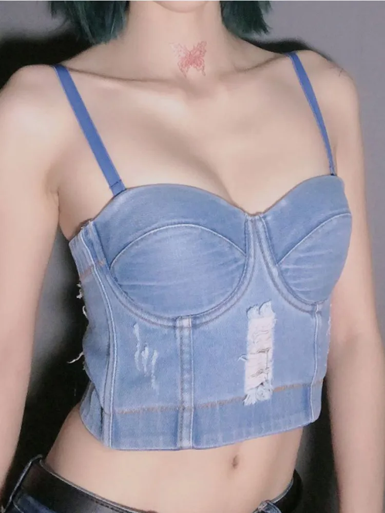 

Женская джинсовая кофта-корсет, укороченный топ в Корейском стиле, эластичная кофта, Повседневная Уличная одежда, лето 2022