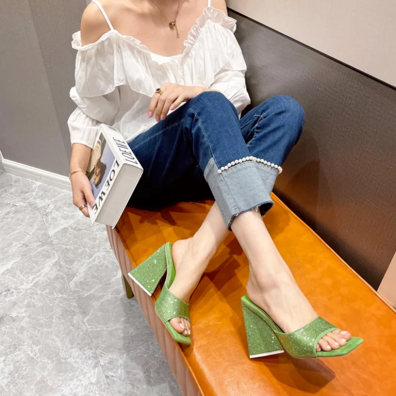 New Summer Triangle Thick Heel Slippers Sexy Street Woman Square Toes Dress Party Shoes Size 35-41 Slippers Women Women Shoes