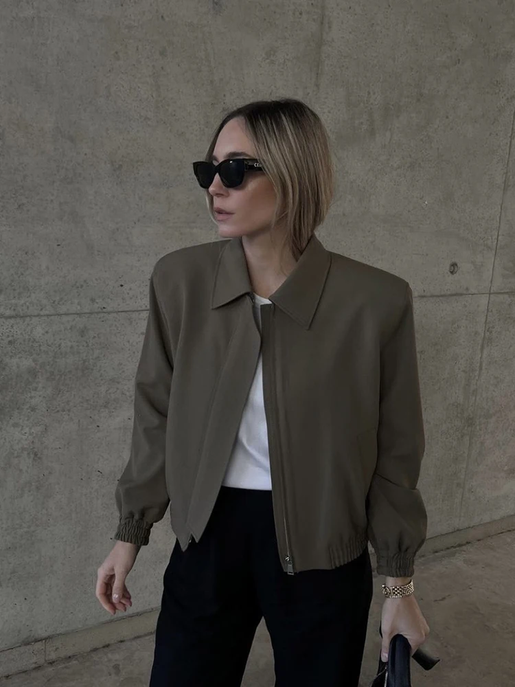

Solid Casual Pilot Jackets For Women Turn Down Collar Long Sleeve Hidden Zip-up Jacket Coat Female Streetwear Vintage Outerwears