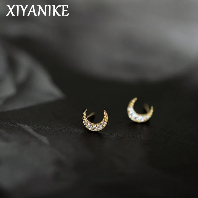 

XIYANIKE Cute Mini Zircon Moon Stud Earrings For Women Girl Fashion New Piercing Ear Jewelry Lady Gift Party Birthday сережки