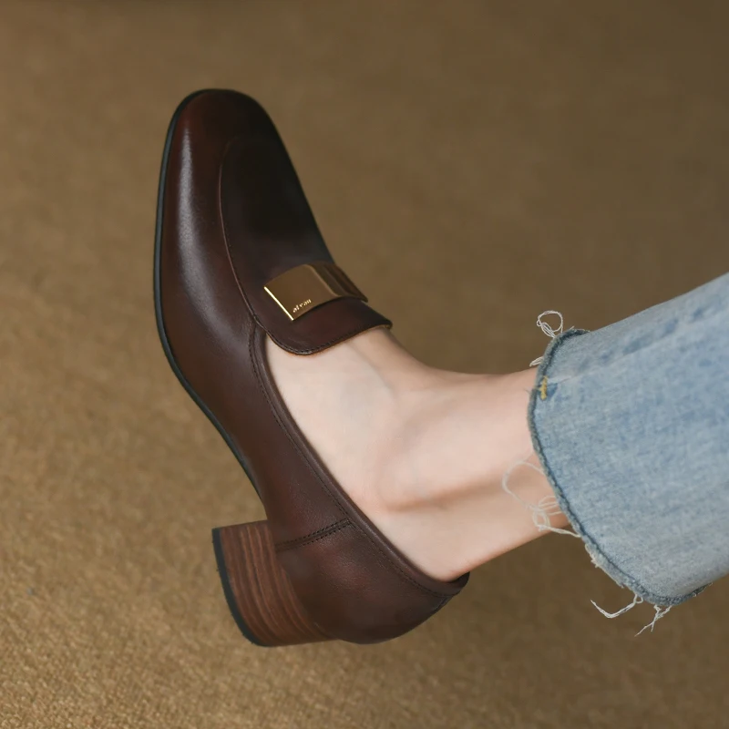 Туфли-лодочки женские с круглым носком винтажные из воловьей кожи на толстом