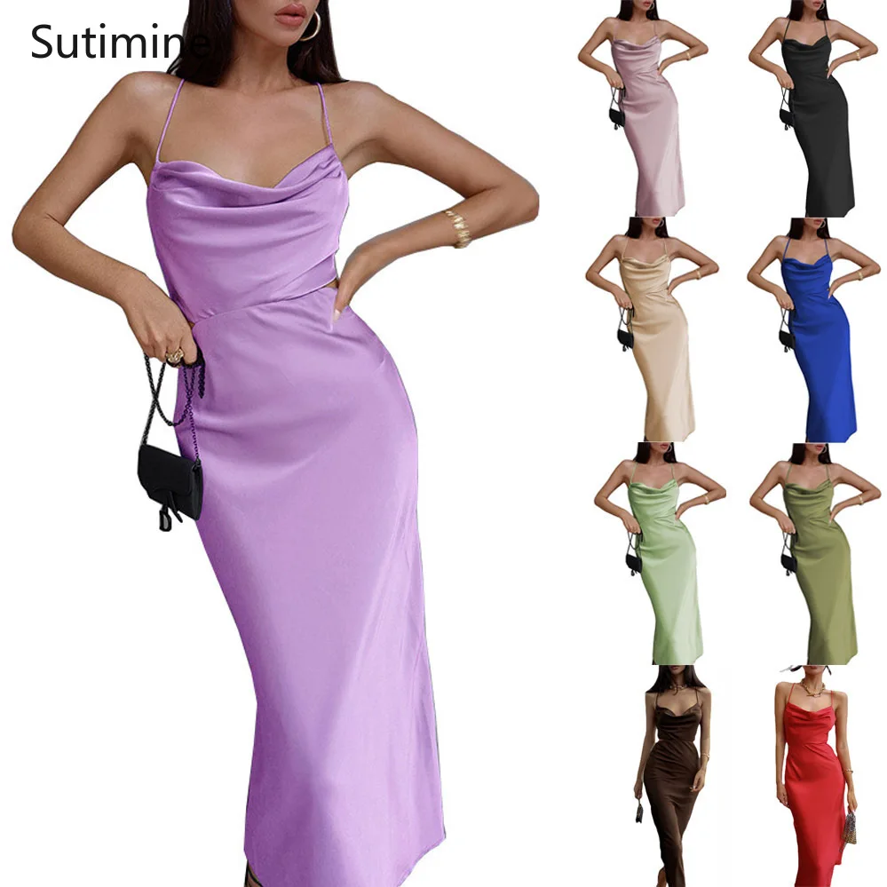 

Woman Maxi Dress Sexy Dresses Party Night Club Dress Stain Spaghetti Strap Pile Collar V Neck Mid Calf Purple Dress for Women