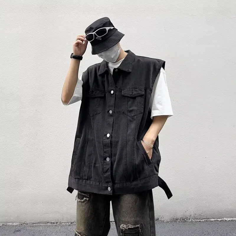 Джинсовый жилет мужской с потертостями модная мотоциклетная ковбойская куртка