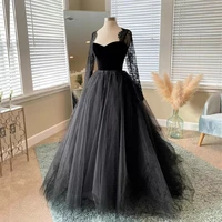 luojo wedding dress gothic sweetheart long sleeves tulle lace appliques sweep black wedding gown tiered bridal dress robe mariee