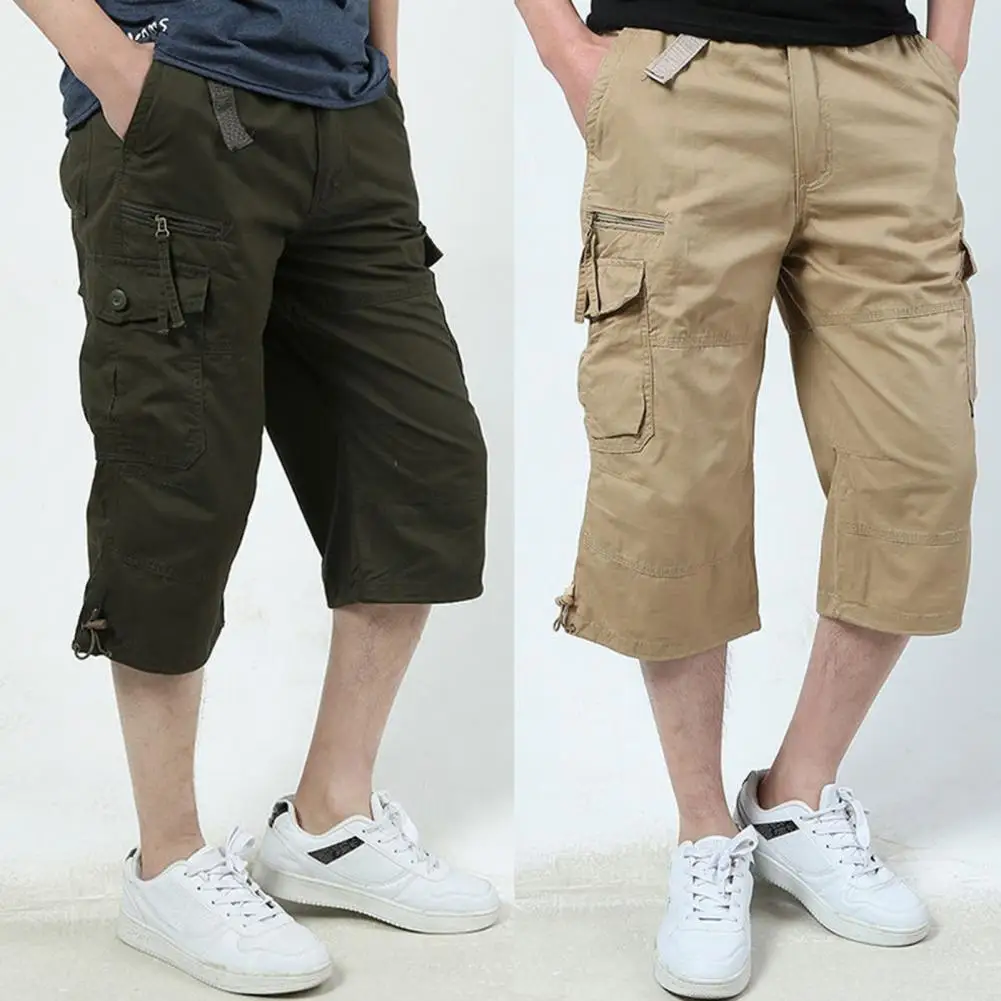 

Capri Pants Solid Color Multi Pockets Male Drawstring Straight Shorts for Daily Wear