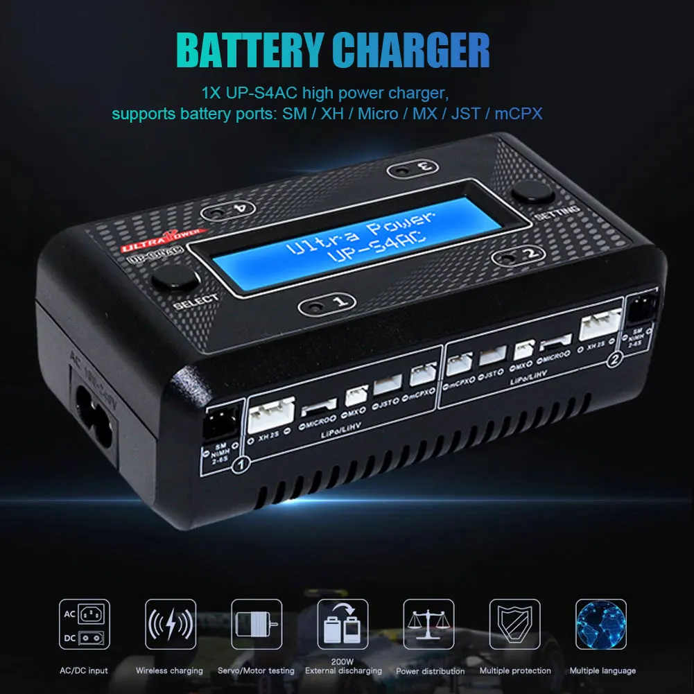 

Ultra Power UP-S4AC UP-S6AC LCD Digital Display 4x7W 1A AC DC Battery Charger for 1S-2S LiPO LiHV 2S-6S RC Model Accessories