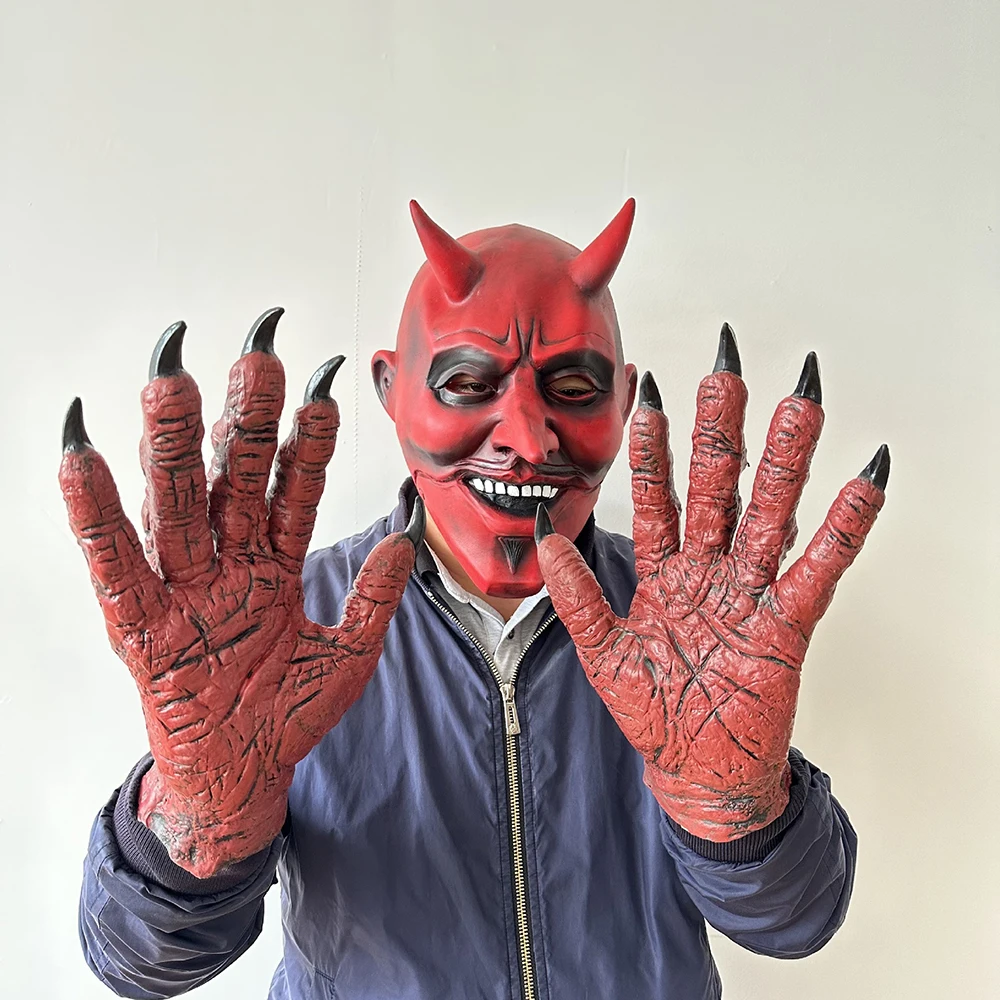 

Halloween Red Demon King Devil Mask Cosplay Adult Latex Ghost Gloves Terror Masks Full Face Helmet Masquerade Party Costume Prop