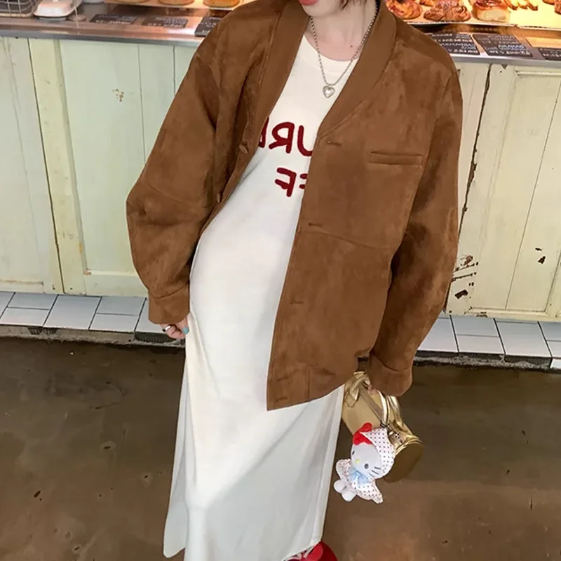 Винтажная повседневная куртка свободного кроя из замши топ для женщин осенний