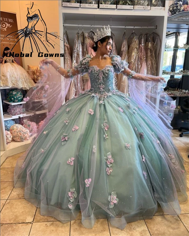 

Green Sweetheart Quinceanera Dress Off Shoulder Long Sleeve Beads Floral Appliqué Prom Lace Vestidos De 15 Anos Ball Gown