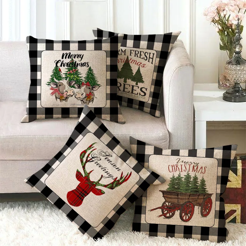 

Christmas Decorations Home Sofa Pillowcase for Christmas Plaid Pillowcases Letters Pillow Cover Linen Cushion Cover 45x45cm
