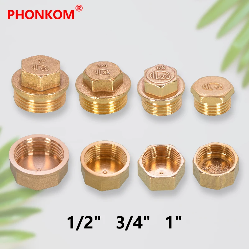 

PHONKOM Plumbing Plug Water Pipe Plug Cap Brass Pipe Fittings Male/Female BSP DN15 G1/2" DN20 DN25 3/4" 1" 1 Inch Copper End Cap