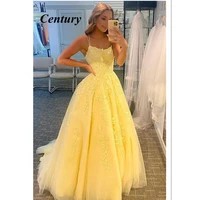 century spaghetti straps prom dress appliques evening dresses lace a line wedding party dresses scoop evening gown robe soiree