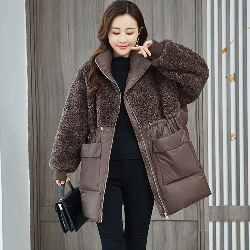New Winter Jacket for Women Lamb's Wool Patchwork Coats Long Sleeves Tops Warmth Cotton Jacket Oversize Korean Fashion