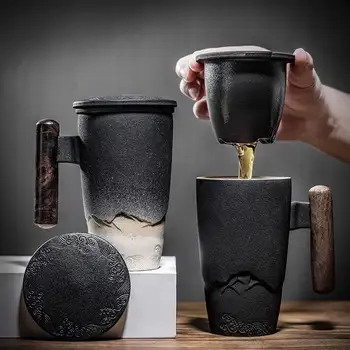 Dropshipping Ceramic Coffee & Tea Mug Ceramic Strainer Creative Retro Mug Traditional Tea Cup Pottery Mug Business Gift Cups Set