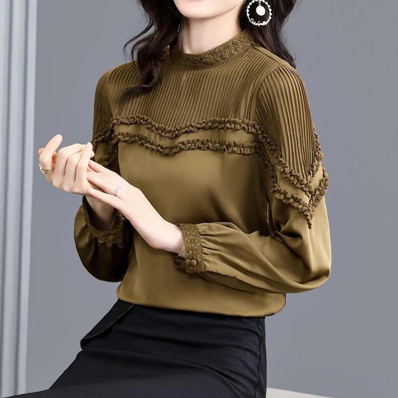 

Новинка 2021, стильная модная темпераментная рубашка для ранней осени, модная рубашка с оборками, тонкая шикарная женская блузка с длинными р...