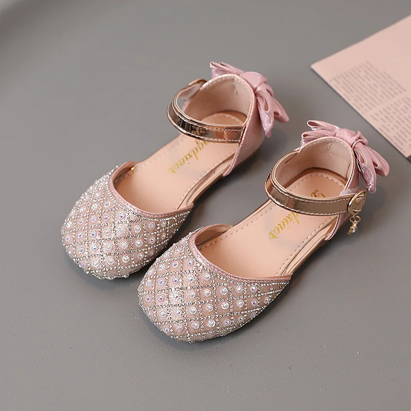 

Children's Sequins Rhinestone Sandals Summer Girls Princess Beading Bowtie Shoes Kids Soft Dancing Show Flats Sandals G769