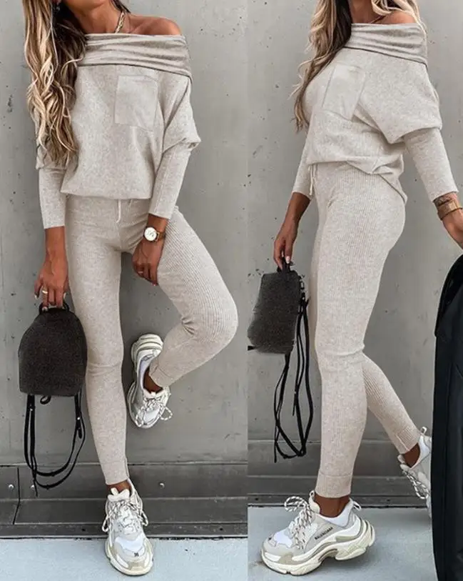 

Casual Two Piece Sets Womens Outfits Off Shoulder Long Sleeve Ruched Gigot Sleeve Top & Skinny Sporty Drawstring Pants Set 2023